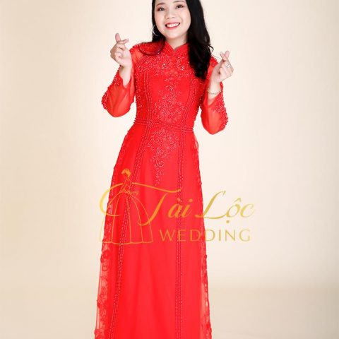 Áo Dài Cưới Cô Dâu Màu Đỏ Ren Kết Cườm Dọc Cao Cấp