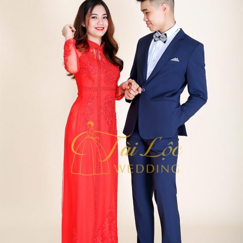 Áo Dài Cưới Cô Dâu Màu Đỏ Vải Lưới Kế Cườm