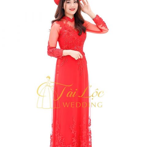 Áo Dài Cưới Cô Dâu Màu Đỏ Vải Ren Màu Đỏ