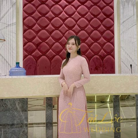 Áo dài Cưới Cô Dâu Màu Hồng 4 Tà Thun Xốp