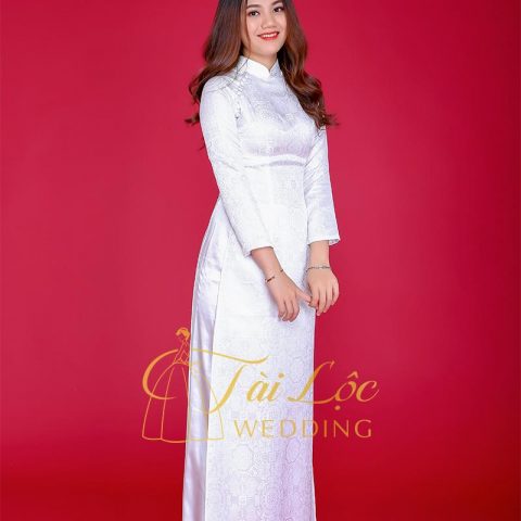 Áo Dài Cưới Cô Dâu Màu Trắng Trơn Gấm Hoa Văn