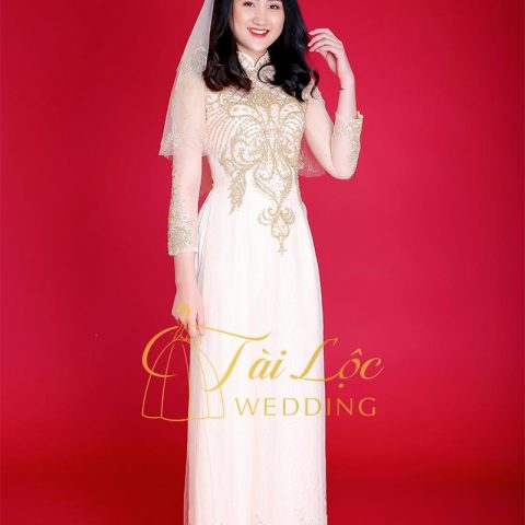 Áo Dài Cưới Cô Dâu Màu Vàng Ánh Kim Ren Cao Cấp 6 Tà MS1