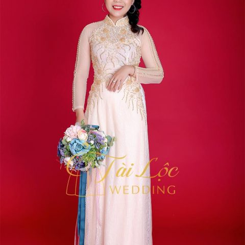 Áo Dài Cưới Cô Dâu Màu Vàng Vải Ren 6 Lớp