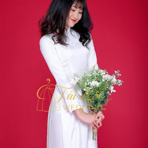 Áo Dài Cưới Cô Dâu Trắng Gấm Lụa Trơn Đồng Tiền