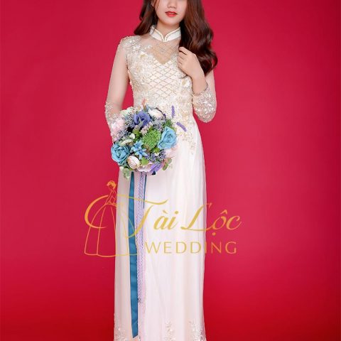 Áo Dài Cưới Cô Dâu Vàng Ren 4 Tà MS4
