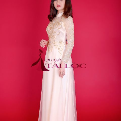 Áo Dài Cưới Cô Dâu Màu Vàng Vải Ren Đẹp