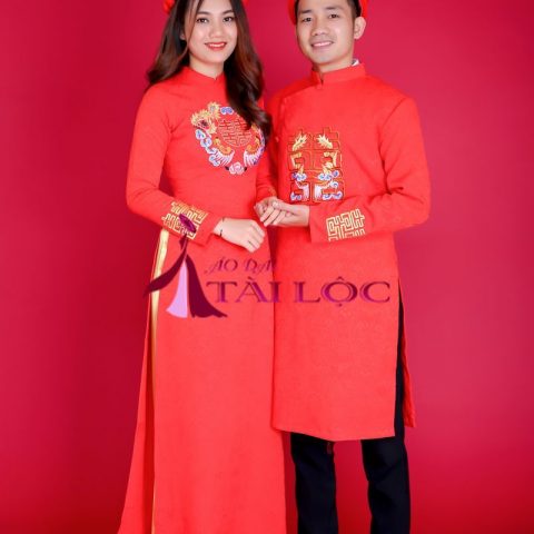 Áo Dài Cặp Đỏ Gấm Thêu Chữ Hỷ CD-GT11