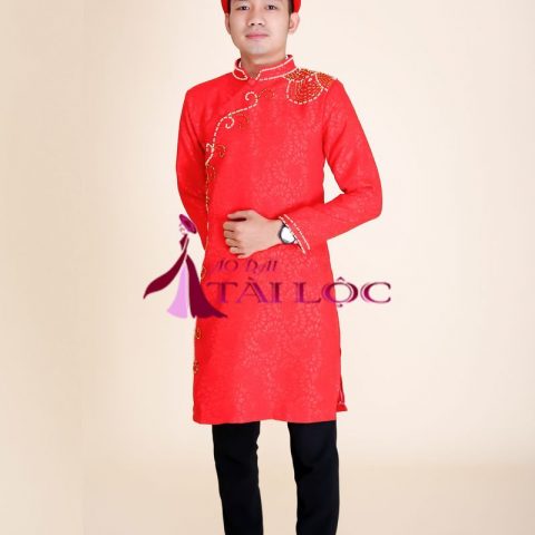 Áo Dài Cưới Chú Rể Màu Đỏ Kết Cườm Vàng CR-G10