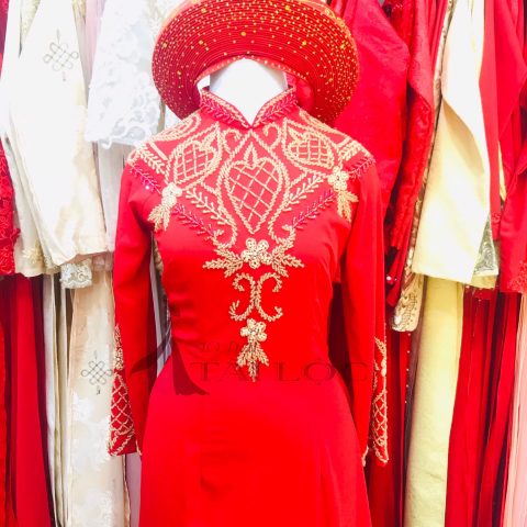 Áo Dài Cô Dâu Màu Đỏ Lụa Kết Cườm Vàng 4 Tà ( MSP- DL3)