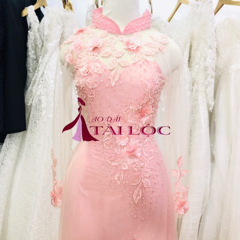 Áo Dài Cưới Màu Hồng Vải Ren ( KH H1)