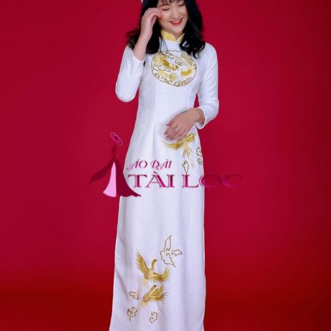 Áo Dài Cưới Màu Trắng Gấm Kết Cườm Vàng T-G9