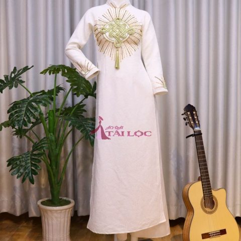 Áo Dài Cưới Trắng Kết Ngực Dây Đeo