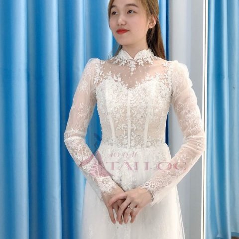 Áo Dài Cô Dâu Trắng Truyền Thống Vải Ren-( MSP LT6)