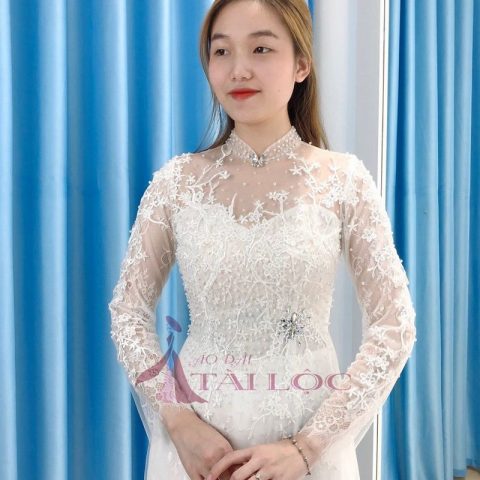 Áo Dài Cưới Màu Trắng Vải Ren Hoa ( KH T11)