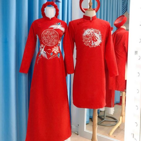 Áo dài cặp cô dâu chú rể màu đỏ gấm (KHG6)