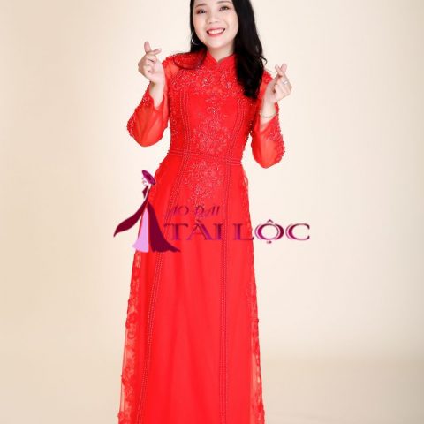 Áo Dài Cưới Đỏ Ren Cườm Dọc Cao Cấp CDD-RCD37