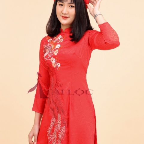 Áo Dài cô dâu màu đỏ gấm thêu hoa văn phượng ( RP- MS1)