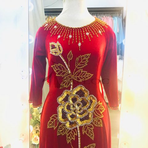 Áo dài mẹ cô dâu màu đỏ nhung CÂY BÔNG( MSP -MS3)