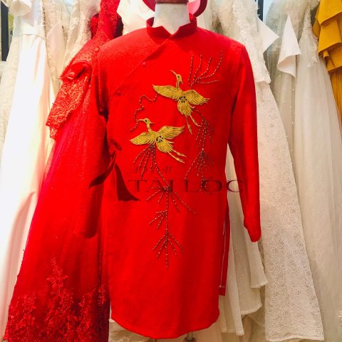 Áo Dài Cách Tân Nam Màu Đỏ Họa Tiết Hạc Vàng (KHG13)