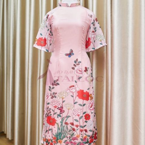 Áo Dài Xuân Màu Hồng 4 Tà Họa (KH Vườn Bông)