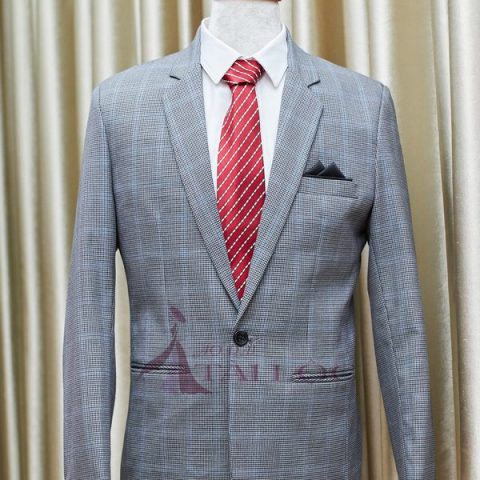 Áo vest chú rể màu xám trắng ô vuông chấm bi