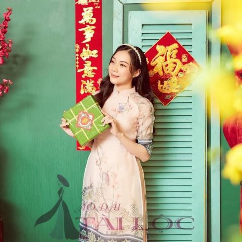 Áo Dài Bưng Quả Cách Tân Màu Hồng Cây Dừa(BQH-MS7)